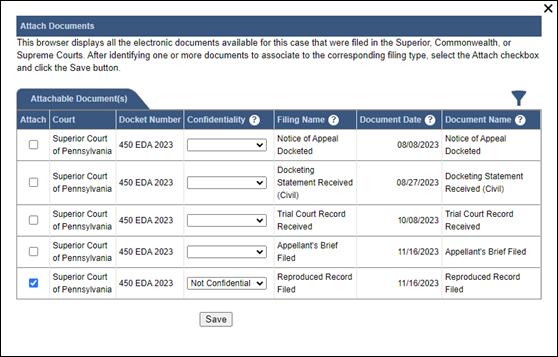 Selecting a document from a lower court case through the Attach Documents screen.